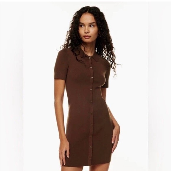 Sunday Best Aritzia | collared dress cognac brown stretch button front medium - Picture 9 of 10